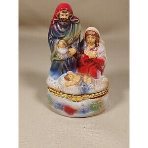 Vintage Nativity Scene- Ceramic Hinged Trinket Box- Holy Family - Red Head Cover